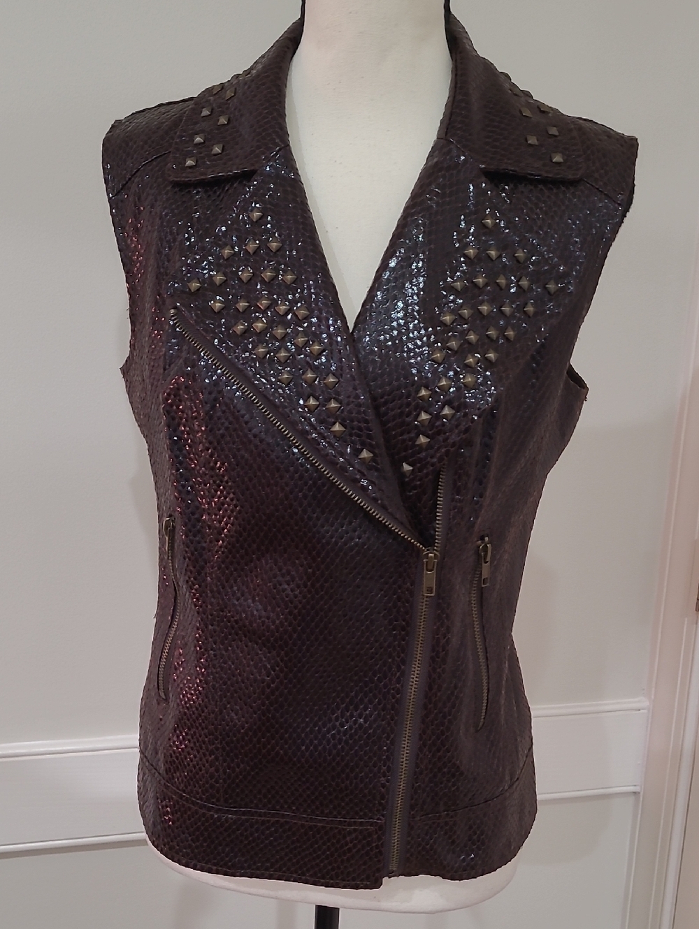 V Cristina Studded Faux Leather Vest - Dark Brown Sleeveless Moto Jacket